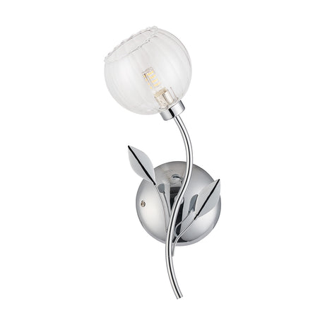 Elm G9 Left Glass Wall Light in polished chrome, with a clear ribbed glass globe shade and curved stem on a leaf-detailed backplate, shown on a plain white background.