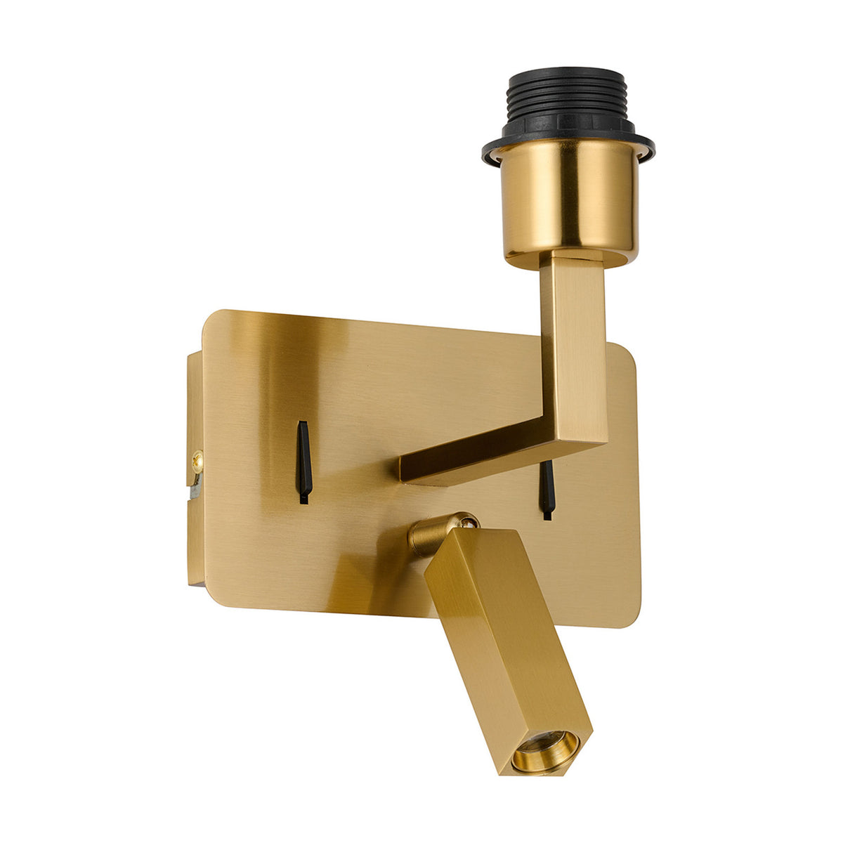 Clara wall light in brass gold with rectangular backplate, angled E27 lampholder, adjustable LED reading light head, two rocker switches and USB-C socket, shown on a plain white background.