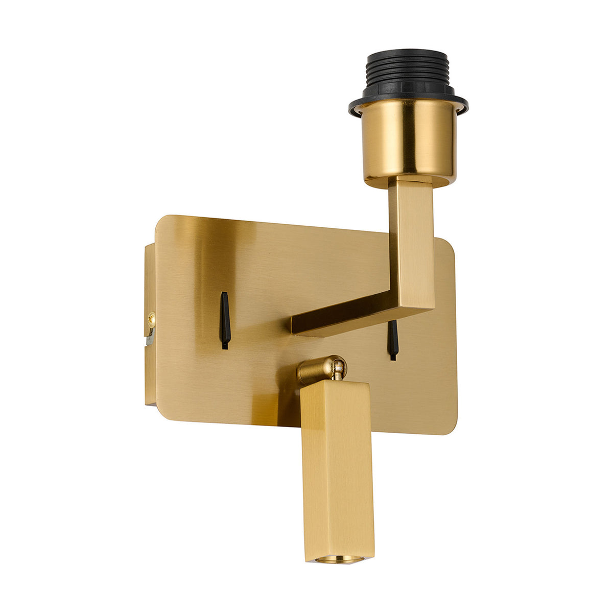 Clara wall light in brass gold with rectangular backplate, angled E27 lampholder, adjustable LED reading light arm, dual rocker switches and USB-C port, shown on a plain white background.