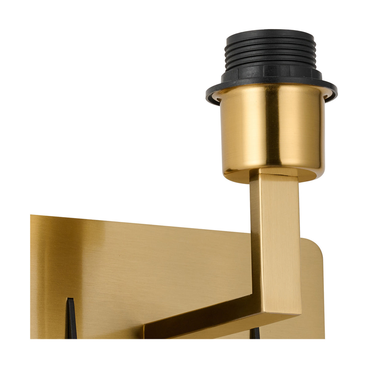 Close-up of the Clara wall light's brass gold E27 lampholder with black ridged collar, mounted on a square brass bracket against a plain white background.