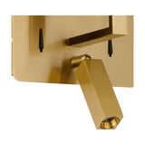 Close-up of the Clara wall light in brushed brass gold, showing the adjustable square LED reading light head, rocker switches, and USB port on the backplate.