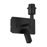 Clara satin black wall light with E27 lampholder and adjustable LED reading light on a rectangular backplate with rocker switches, shown on a plain white background.