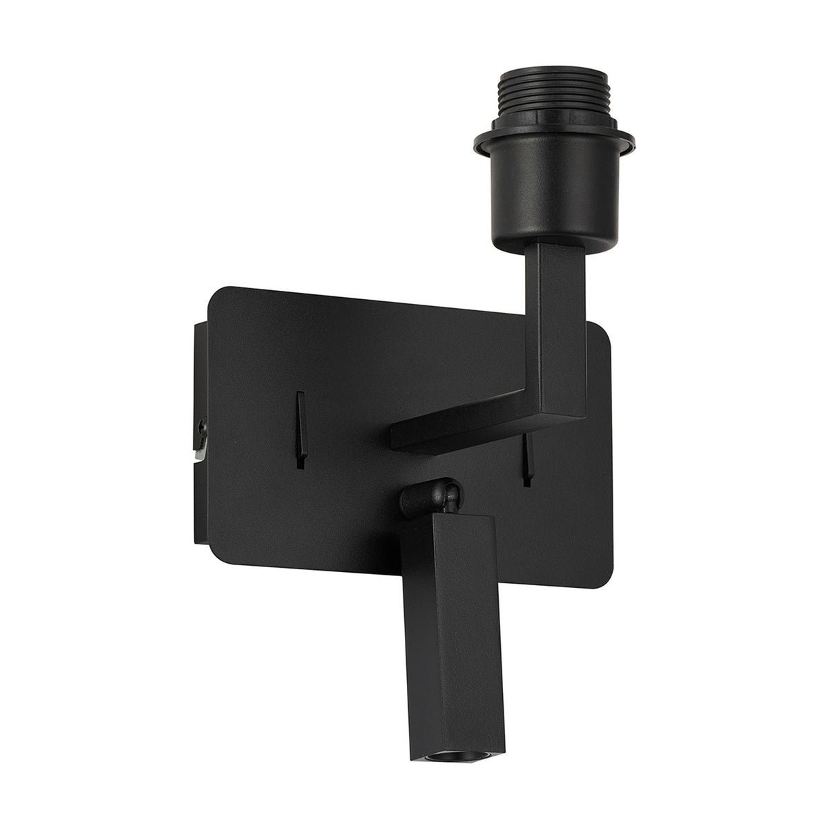 Clara satin black wall light with E27 lampholder and adjustable LED reading arm, featuring rocker switches and USB-C socket on a rectangular backplate, shown on a white background.