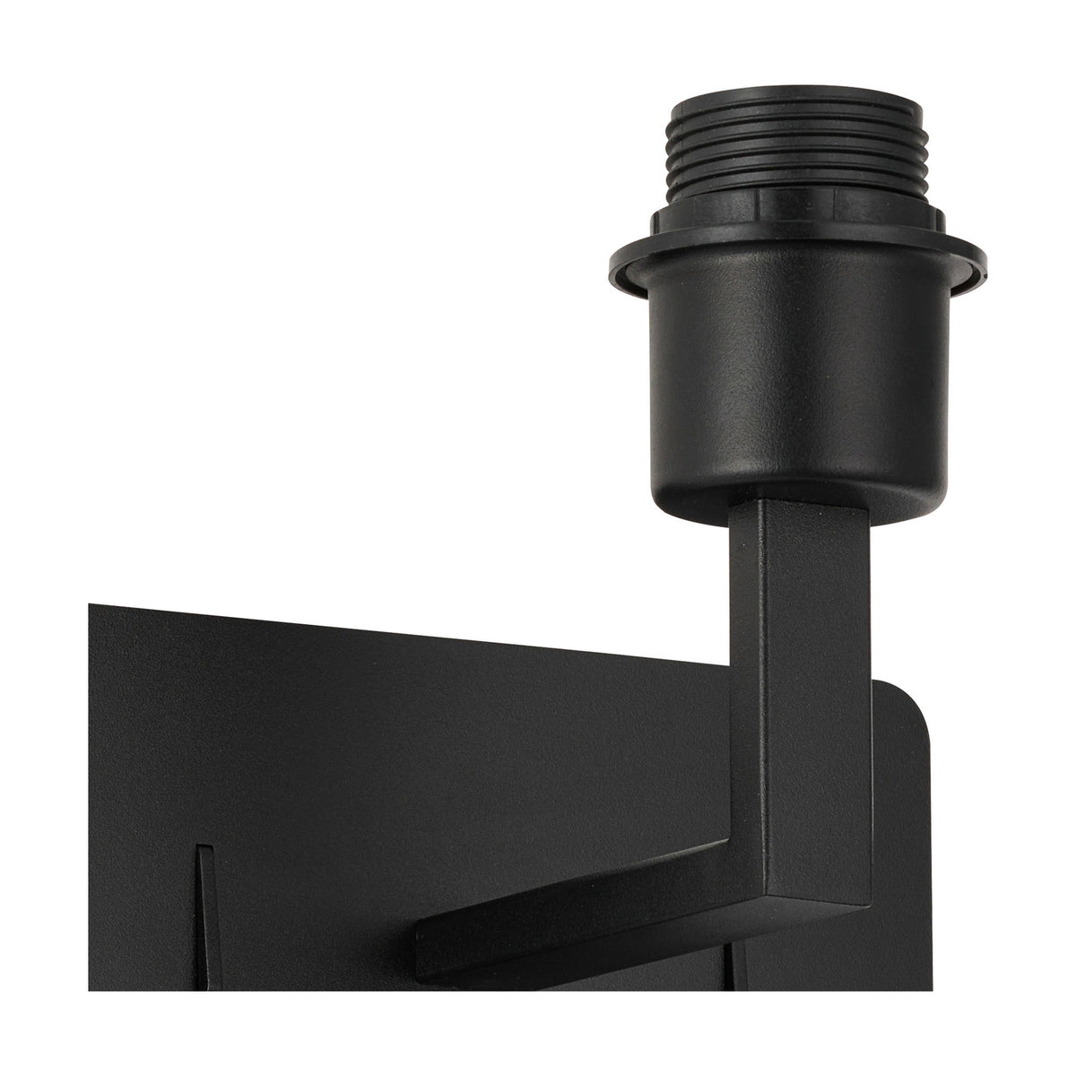 Close-up of the Clara wall light's satin black E27 lampholder with threaded fitting, mounted on an angled bracket against a square backplate on a white background.