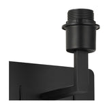 Close-up of the Clara wall light's satin black E27 lampholder with threaded fitting, mounted on an angled bracket against a square backplate on a white background.