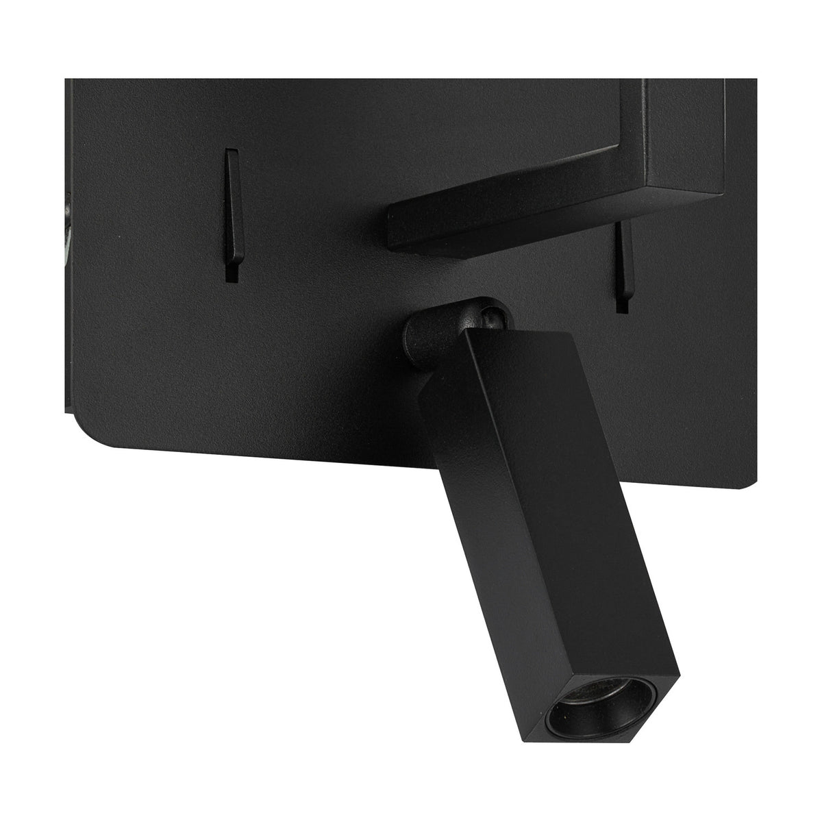 Close-up of the Clara wall light's satin black backplate showing the adjustable LED reading light head and E27 lampholder bracket.