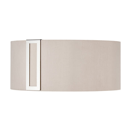 Sigma Lamp Shade 15cm High in oval drum style with beige fabric and a slim chrome bracket clip, shown on a plain white background.