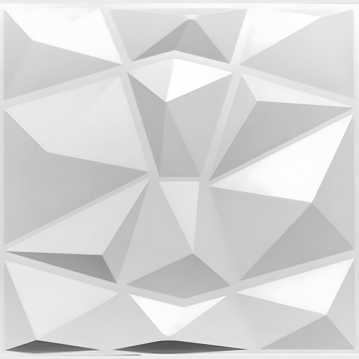 White PVC 3D wall panel, 50 x 50cm, featuring irregular pyramid facets in a grid layout with narrow flat channels, shown on a plain white background.
