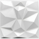 White PVC 3D wall panel, 50 x 50cm, featuring irregular pyramid facets in a grid layout with narrow flat channels, shown on a plain white background.