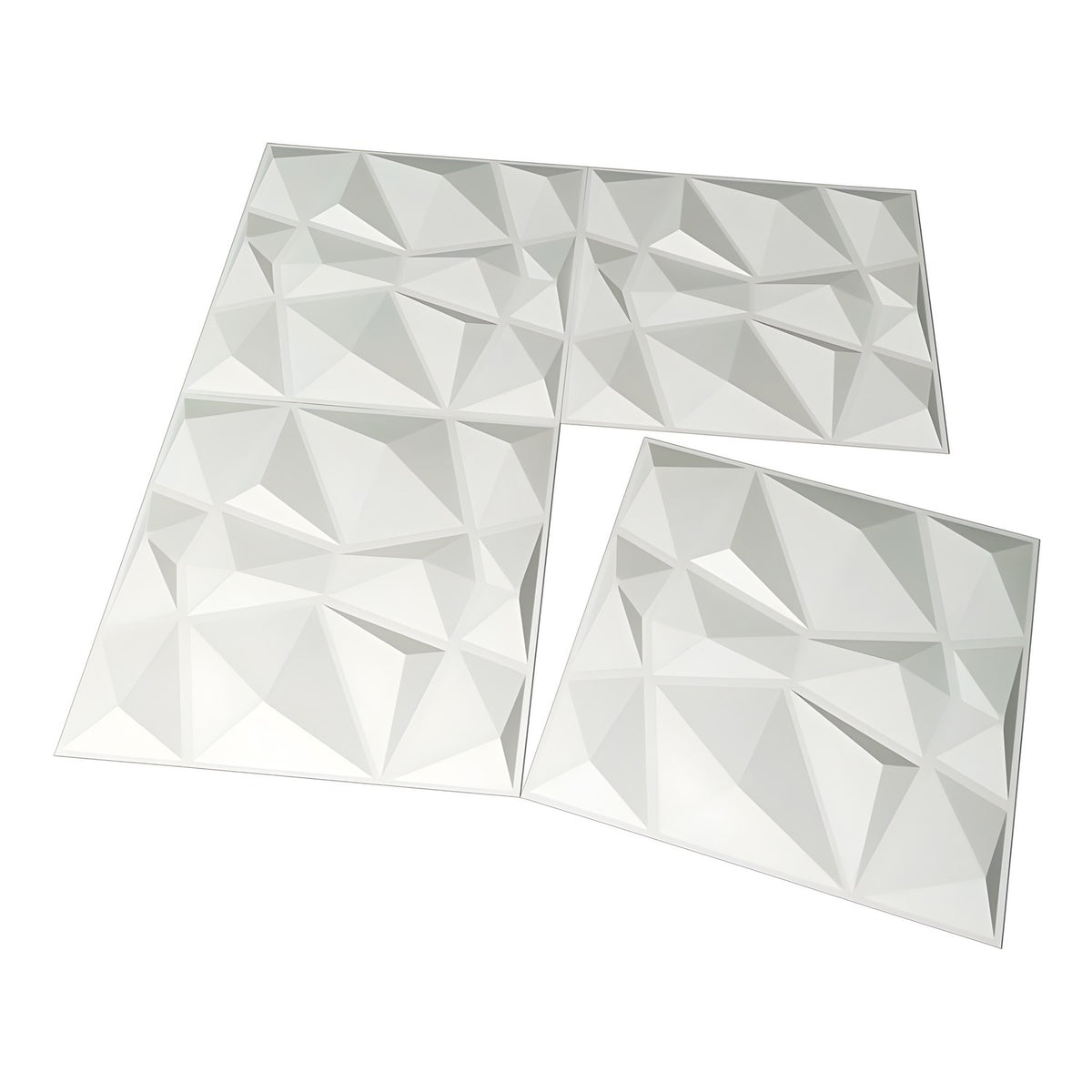 White PVC 3D wall panels, 50 x 50cm, with irregular faceted pyramid cells in a geometric grid, shown as three square tiles on a plain white background.