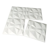 White PVC 3D wall panels, 50 x 50cm, with irregular faceted pyramid cells in a geometric grid, shown as three square tiles on a plain white background.