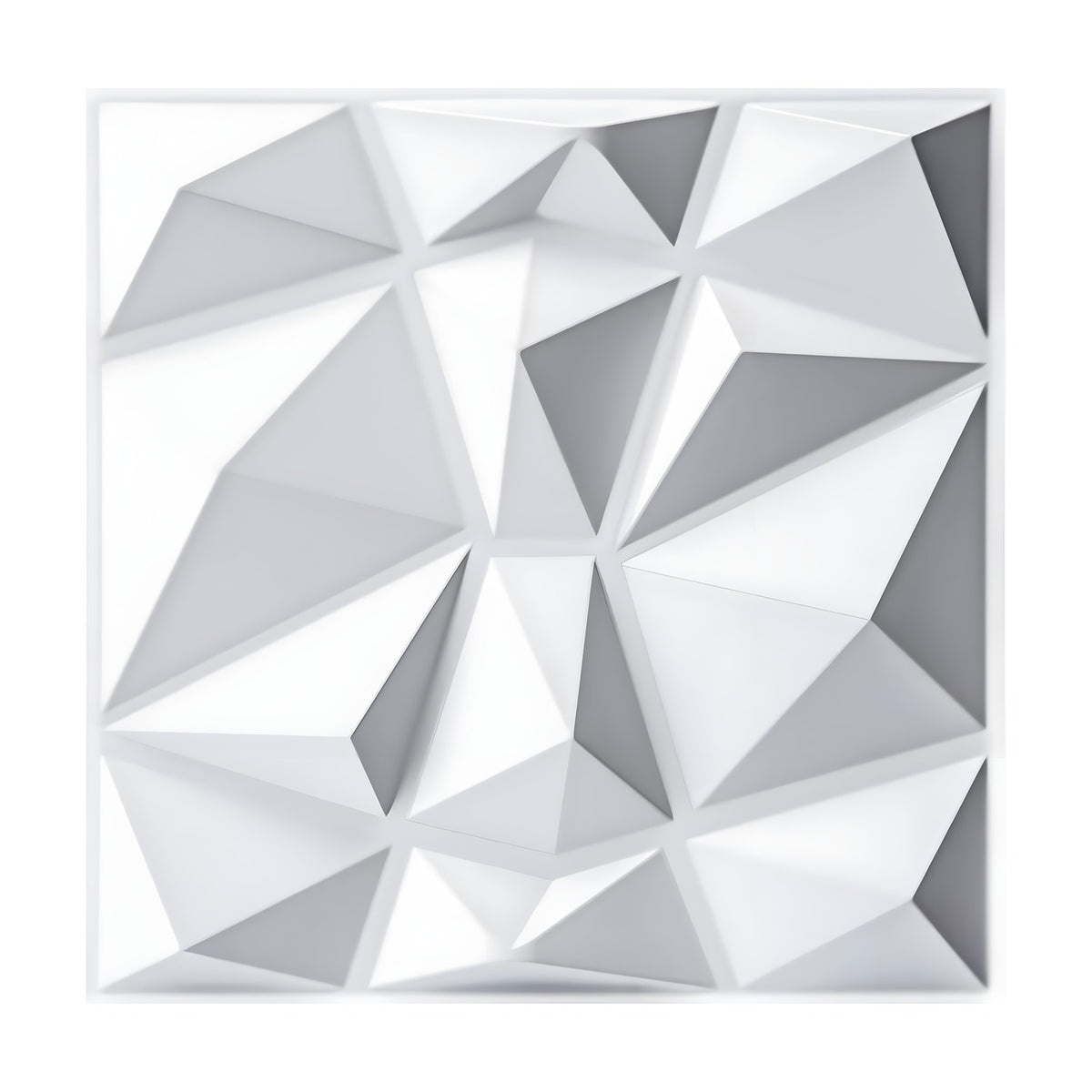 White PVC 3D wall panel, 50 x 50cm, with irregular faceted pyramid cells in a geometric grid, shown on a plain white background.
