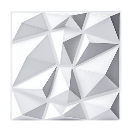 White PVC 3D wall panel, 50 x 50cm, with irregular faceted pyramid cells in a geometric grid, shown on a plain white background.
