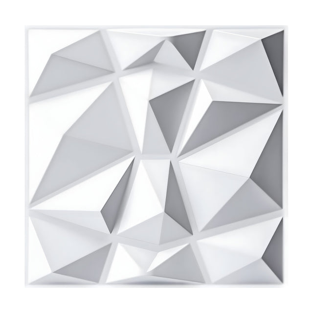 White PVC 3D wall panel, 50 x 50cm, with irregular faceted pyramid cells in a geometric grid, shown on a plain white background.