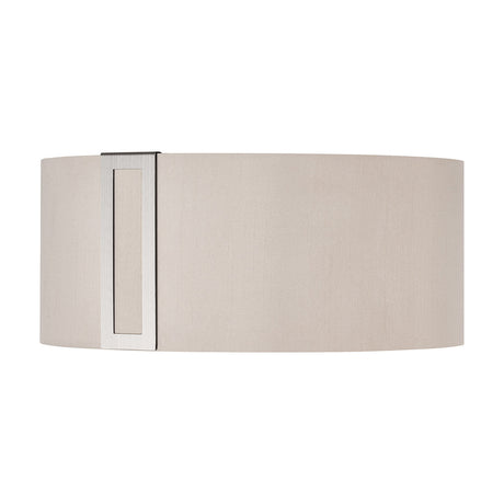 Sigma Lamp Shade 15cm High in Satin Nickel, an oval drum shade in neutral fabric with a slim vertical satin nickel trim clip, shown on a plain white background.