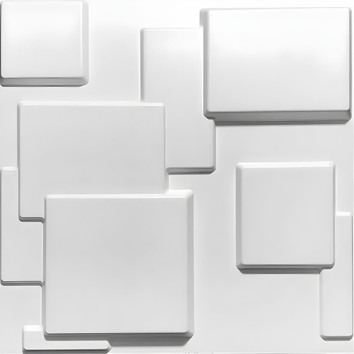 White 3D PVC wall panel, 50 x 50cm, featuring overlapping square and rectangular blocks with rounded edges in a stepped, asymmetric layout on a plain background.