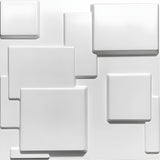 White 3D PVC wall panel, 50 x 50cm, featuring overlapping square and rectangular blocks with rounded edges in a stepped, asymmetric layout on a plain background.