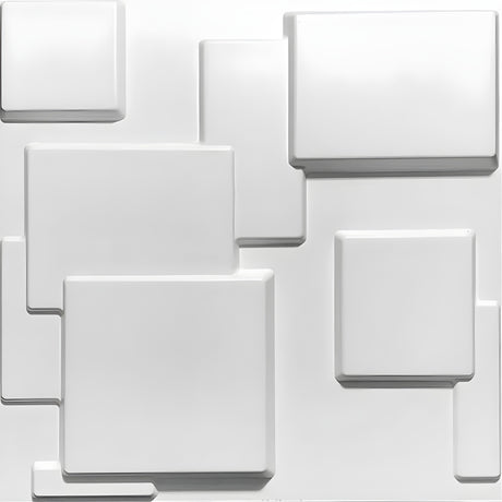 White 3D PVC wall panel, 50 x 50cm, featuring overlapping square and rectangular blocks with rounded edges in a stepped, asymmetric layout on a plain background.