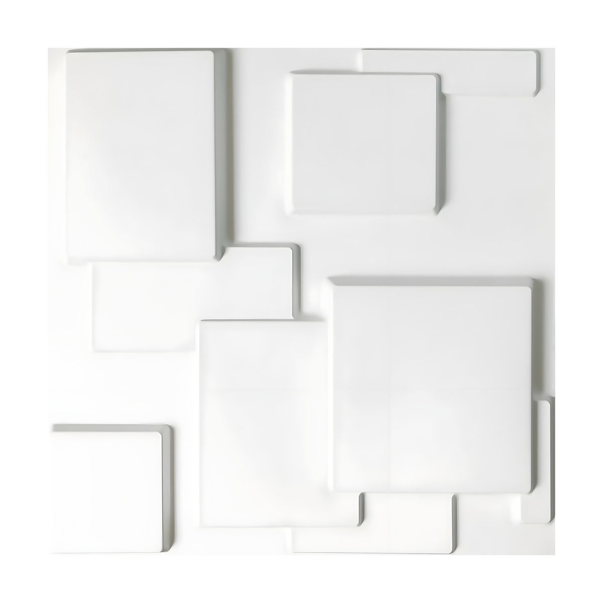 White 3D PVC wall panel, 50 x 50cm, featuring overlapping flat-topped squares and rectangles at varied heights with rounded edges, shown on a plain background.