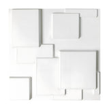 White 3D PVC wall panel, 50 x 50cm, featuring overlapping flat-topped squares and rectangles at varied heights with rounded edges, shown on a plain background.