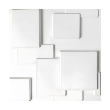 White 3D PVC wall panel, 50 x 50cm, featuring overlapping flat-topped squares and rectangles at varied heights with rounded edges, shown on a plain background.