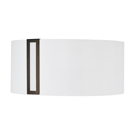 Sigma Lamp Shade 18cm High in Bronze, an oval white fabric drum shade with a slim bronze metal upright and cut-out detail, shown on a plain white background.