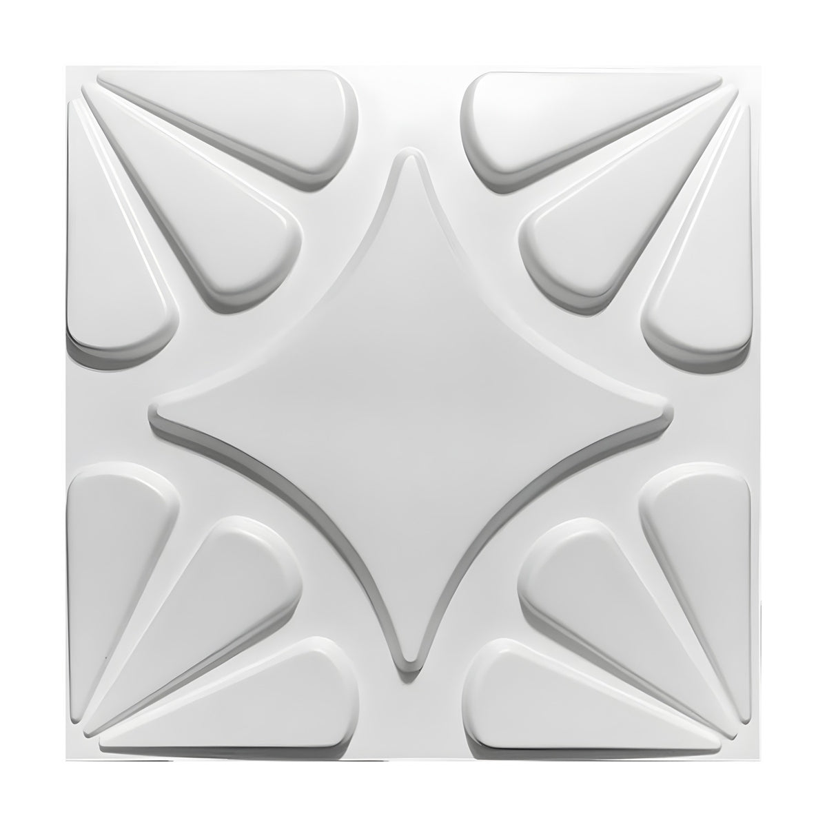 White PVC 3D wall panel, 50 x 50cm, featuring a raised four-pointed star centre with curved sides and tapered petal fans in each corner, shown on a plain background.