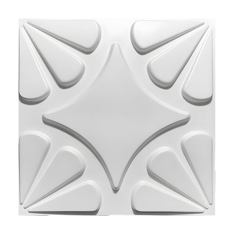 White PVC 3D wall panel, 50 x 50cm, featuring a raised four-pointed star centre with curved sides and tapered petal fans in each corner, shown on a plain background.