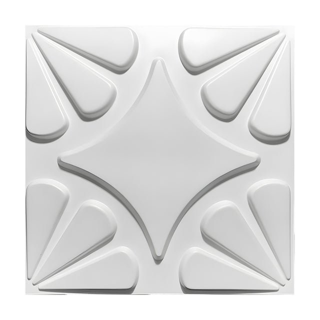 White PVC 3D wall panel, 50 x 50cm, featuring a raised four-pointed star centre with curved sides and tapered petal fans in each corner, shown on a plain background.
