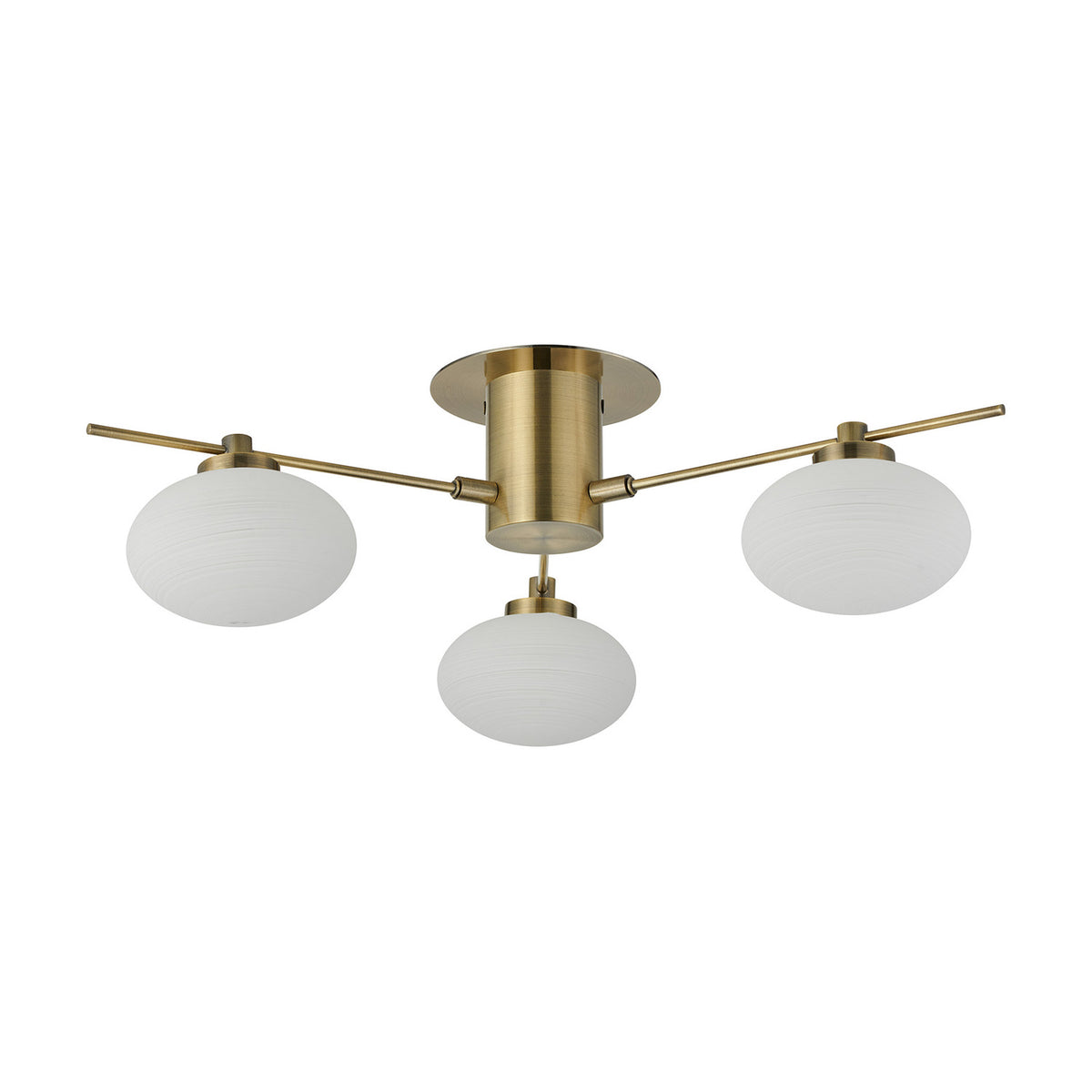Addie 3 Light G9 Flush Ceiling Light in antique brass, with three oval opal glass globes on angled arms extending from a central round backplate, shown on a white background.