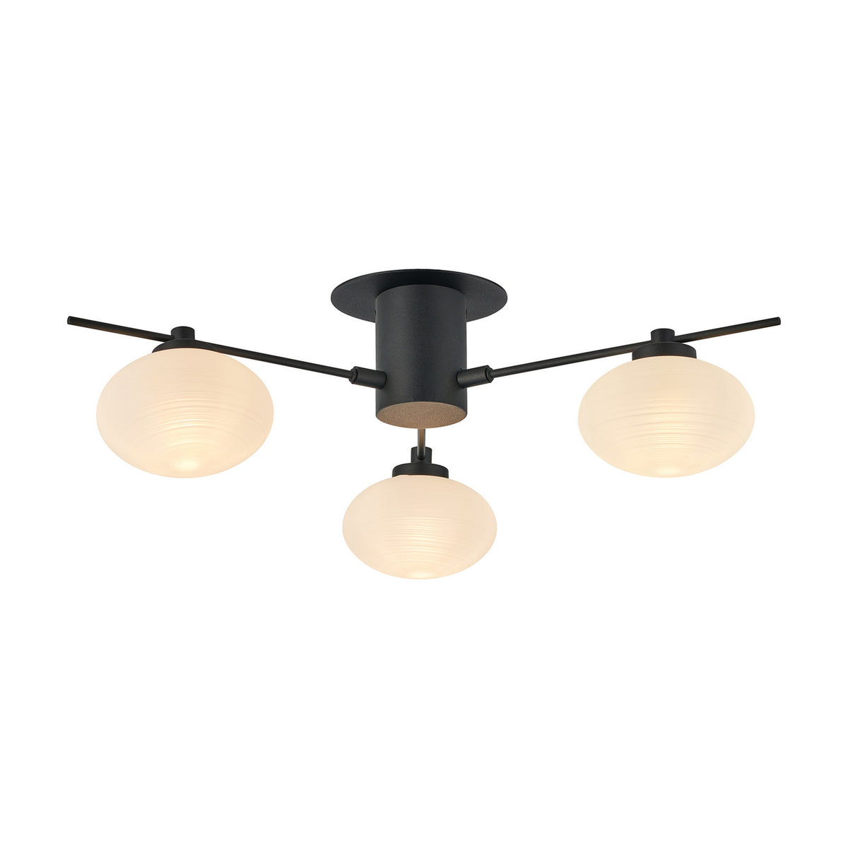 Addie 3 Light G9 Flush Ceiling Light in satin black, with three opal glass shades on angled arms from a central round backplate, shown on a white background.