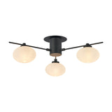 Addie 3 Light G9 Flush Ceiling Light in satin black, with three opal glass shades on angled arms from a central round backplate, shown on a white background.