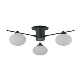 Addie 3 Light G9 Flush Ceiling Light in satin black, with three oval opal glass shades on angled arms from a central cylindrical mount, shown against a plain white background.