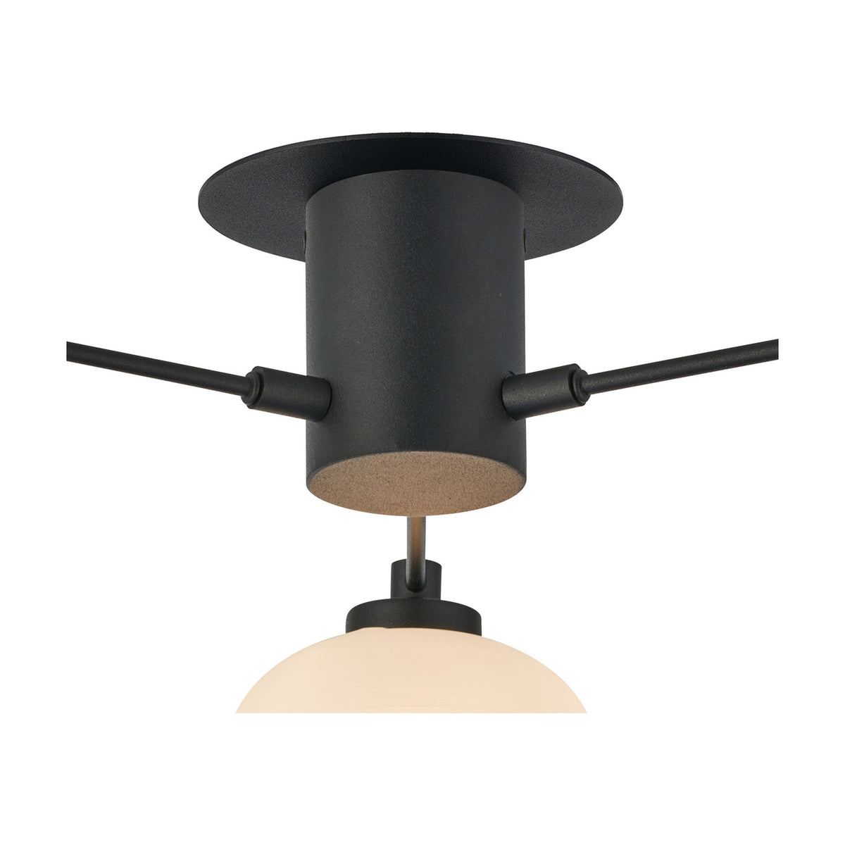 Close-up of the Addie 3 Light G9 Flush Ceiling Light in satin black, showing the circular backplate, cylindrical body, and one opal glass globe shade on a plain white background.