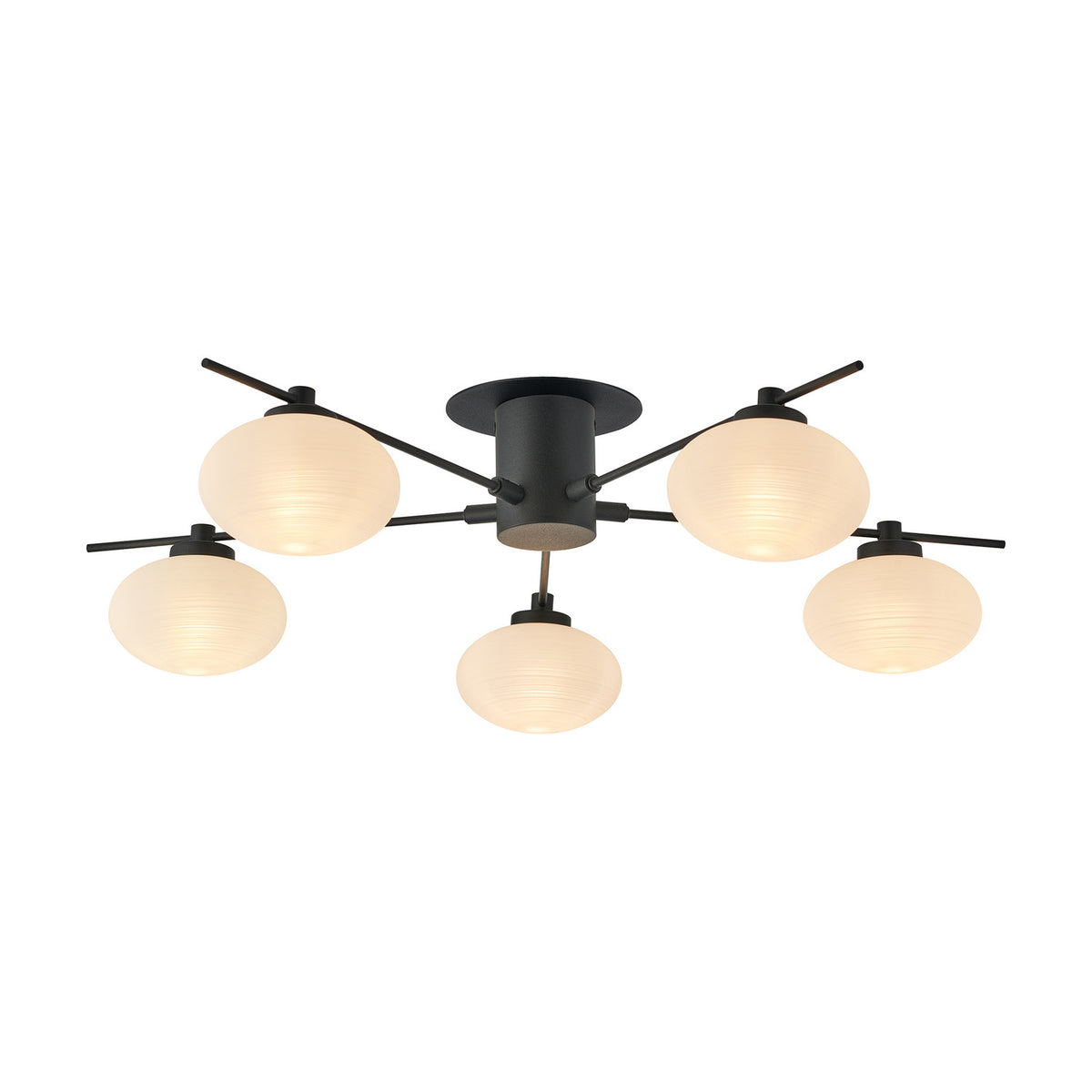 Addie 5 Light G9 Flush Ceiling Light 60cm in satin black, with five oval opal glass shades on angled arms from a central round plate, shown on a plain white background.
