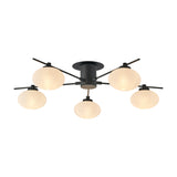 Addie 5 Light G9 Flush Ceiling Light 60cm in satin black, with five oval opal glass shades on angled arms from a central round plate, shown on a plain white background.