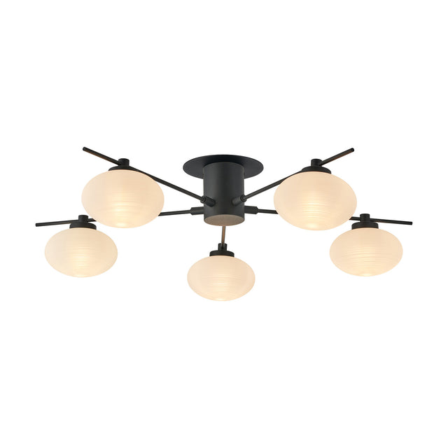 Addie 5 Light G9 Flush Ceiling Light 60cm in satin black, with five oval opal glass shades on angled arms from a central round plate, shown on a plain white background.