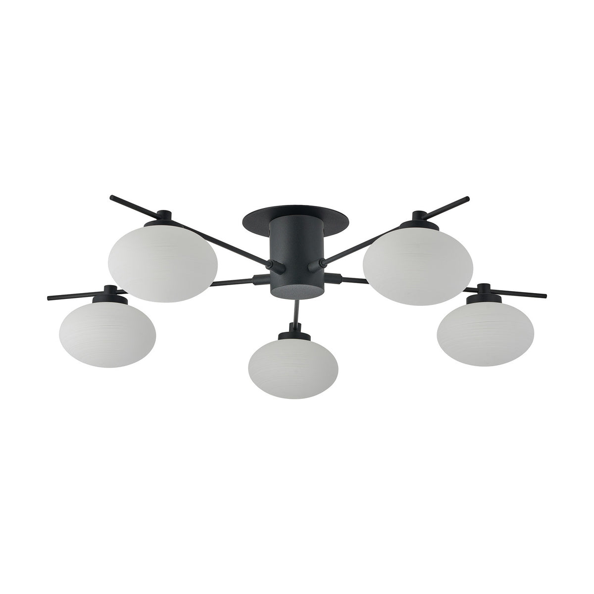 Addie 5 Light G9 Flush Ceiling Light 60cm in satin black, featuring five oval opal glass shades arranged on angled arms around a central black plate, shown on a plain white background.