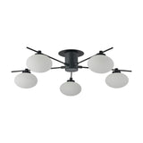 Addie 5 Light G9 Flush Ceiling Light 60cm in satin black, featuring five oval opal glass shades arranged on angled arms around a central black plate, shown on a plain white background.