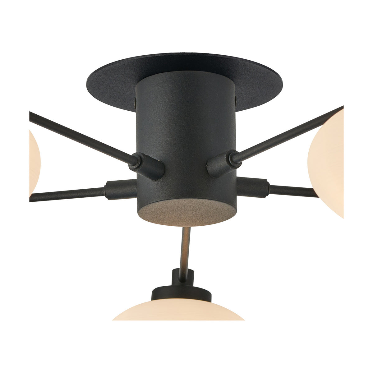 Addie 5 Light G9 Flush Ceiling Light 60cm in satin black, close-up of the central cylindrical mount with radiating arms and opal glass globe shades, shown on a plain white background.