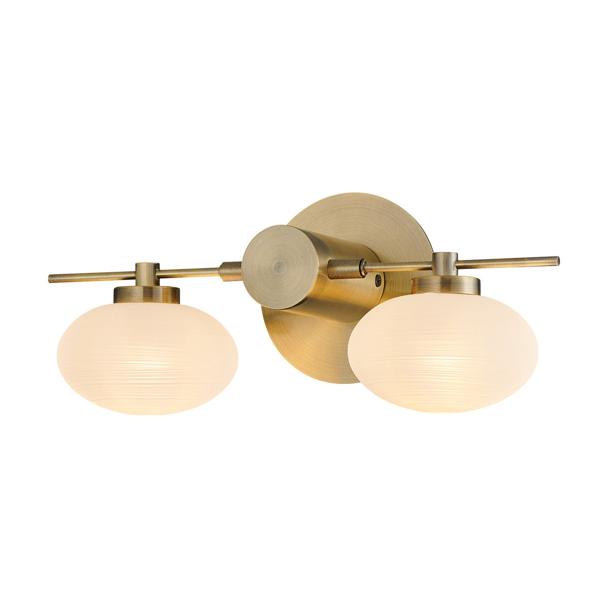 Addie 2 Light G9 Wall Light in antique brass, with a horizontal bar holding two oval opal glass shades, shown lit against a plain white background.
