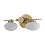 Addie 2 Light G9 Wall Light in antique brass, featuring two oval opal glass shades on horizontal arms, shown on a plain white background.