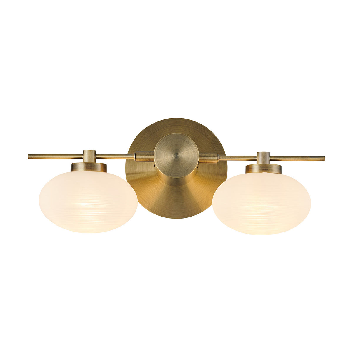 Addie 2 Light G9 Wall Light in antique brass, featuring a horizontal bar with two oval opal glass shades, shown against a plain white background.
