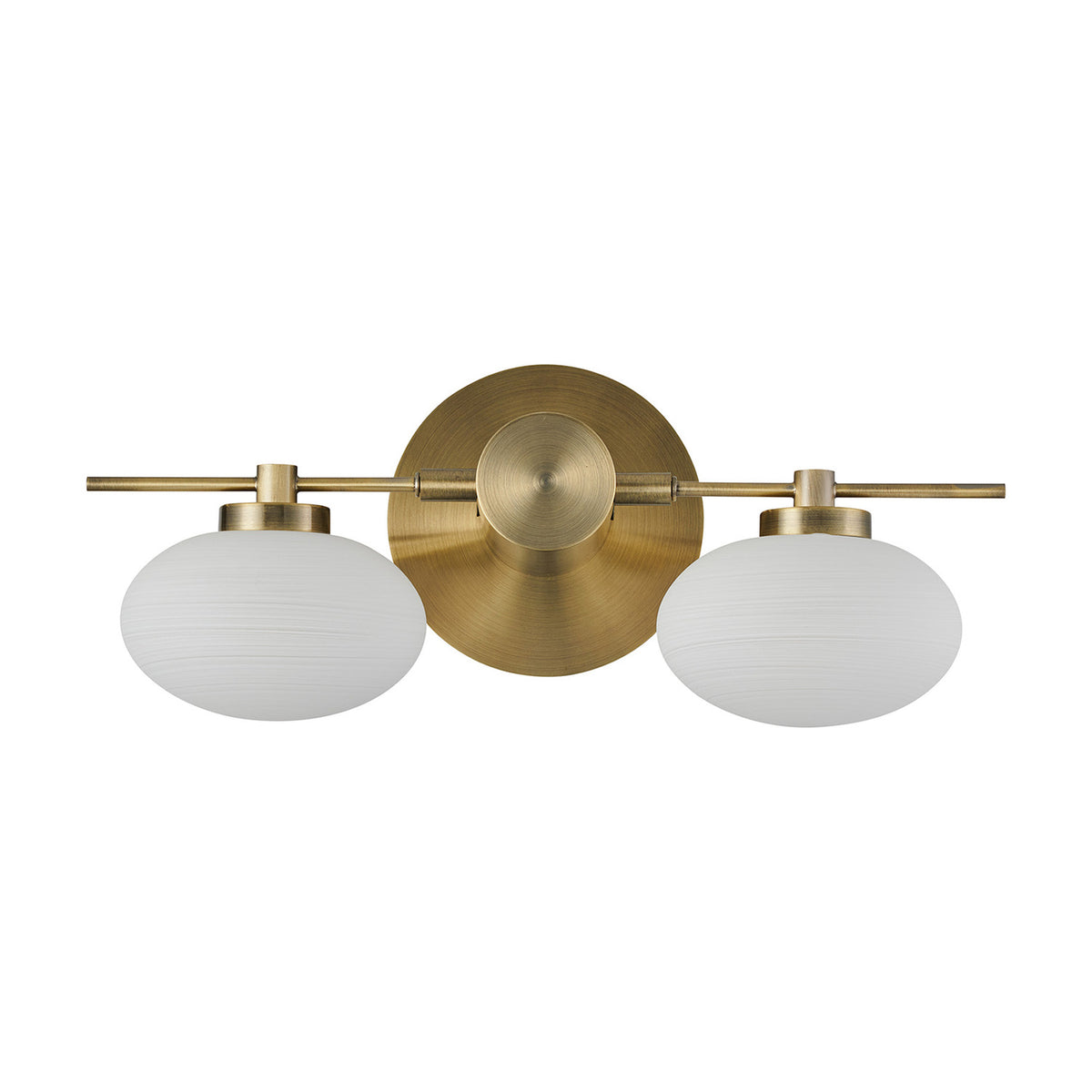 Addie 2 Light G9 Wall Light in antique brass, featuring a horizontal bar with two frosted opal oval glass shades, shown on a plain white background.