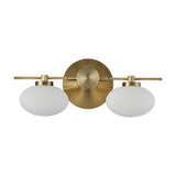 Addie 2 Light G9 Wall Light in antique brass, featuring a horizontal bar with two frosted opal oval glass shades, shown on a plain white background.
