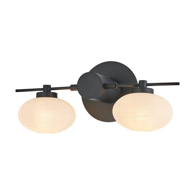 Addie 2 Light G9 Wall Light in satin black, featuring two oval opal glass shades either side of a slim metal backplate, shown on a plain white background.