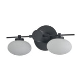 Addie 2 Light G9 Wall Light in satin black, featuring a slim horizontal backplate with two oval opal glass shades on angled arms, shown on a plain white background.