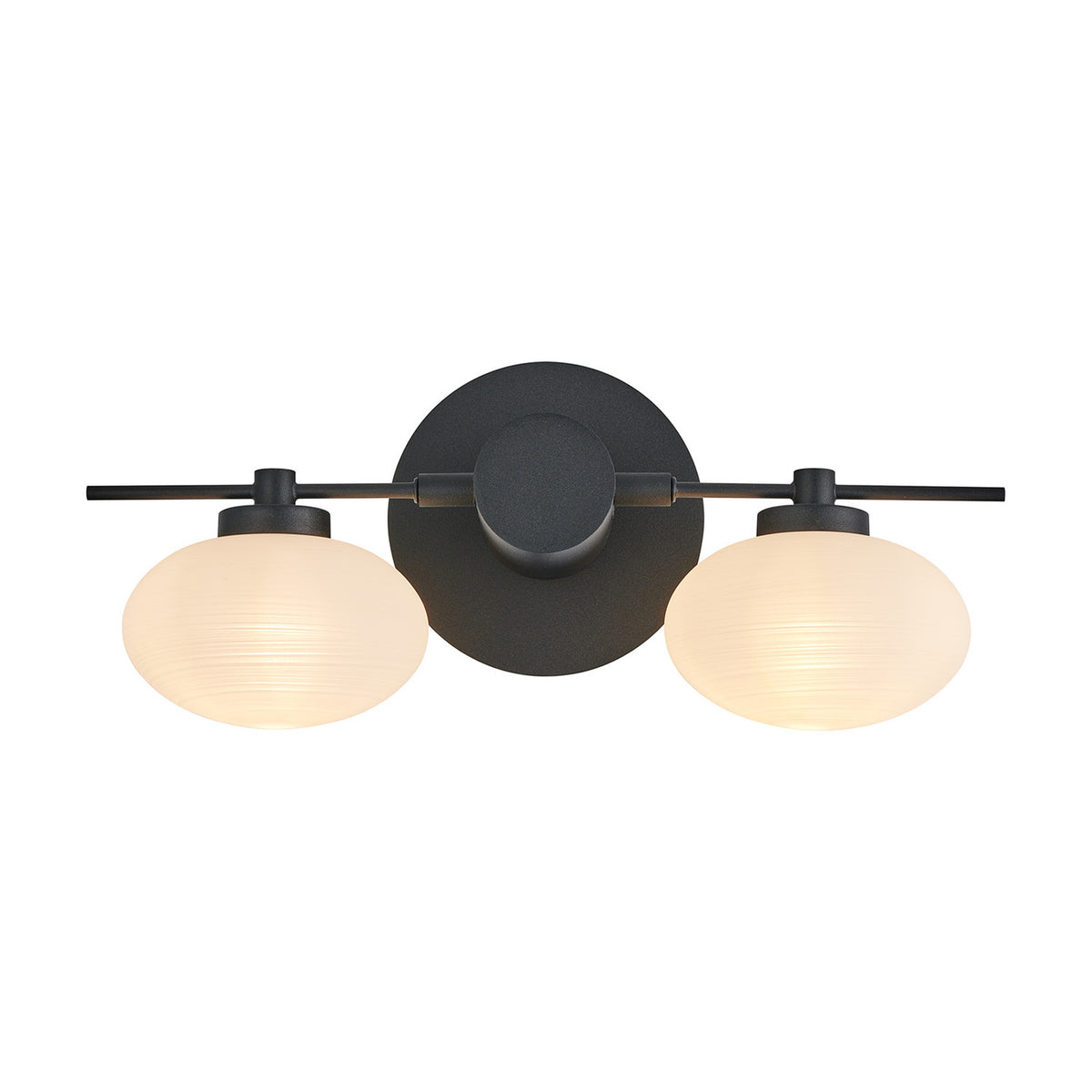 Addie 2 Light G9 Wall Light in satin black, featuring two oval opal glass shades either side of a slim round backplate, shown lit against a plain white background.