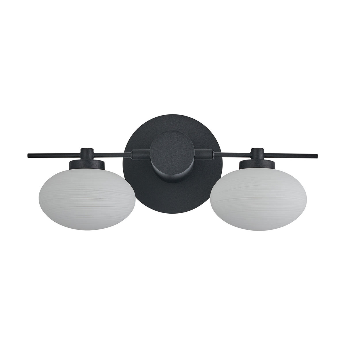Addie 2 Light G9 Wall Light in satin black, featuring two oval opal glass shades either side of a slim round backplate, shown on a plain white background.