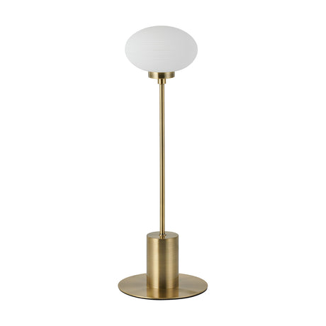 Addie G9 Table Lamp 14cm in antique brass with an oval opal glass shade on a slim stem and round base, shown on a plain white background.